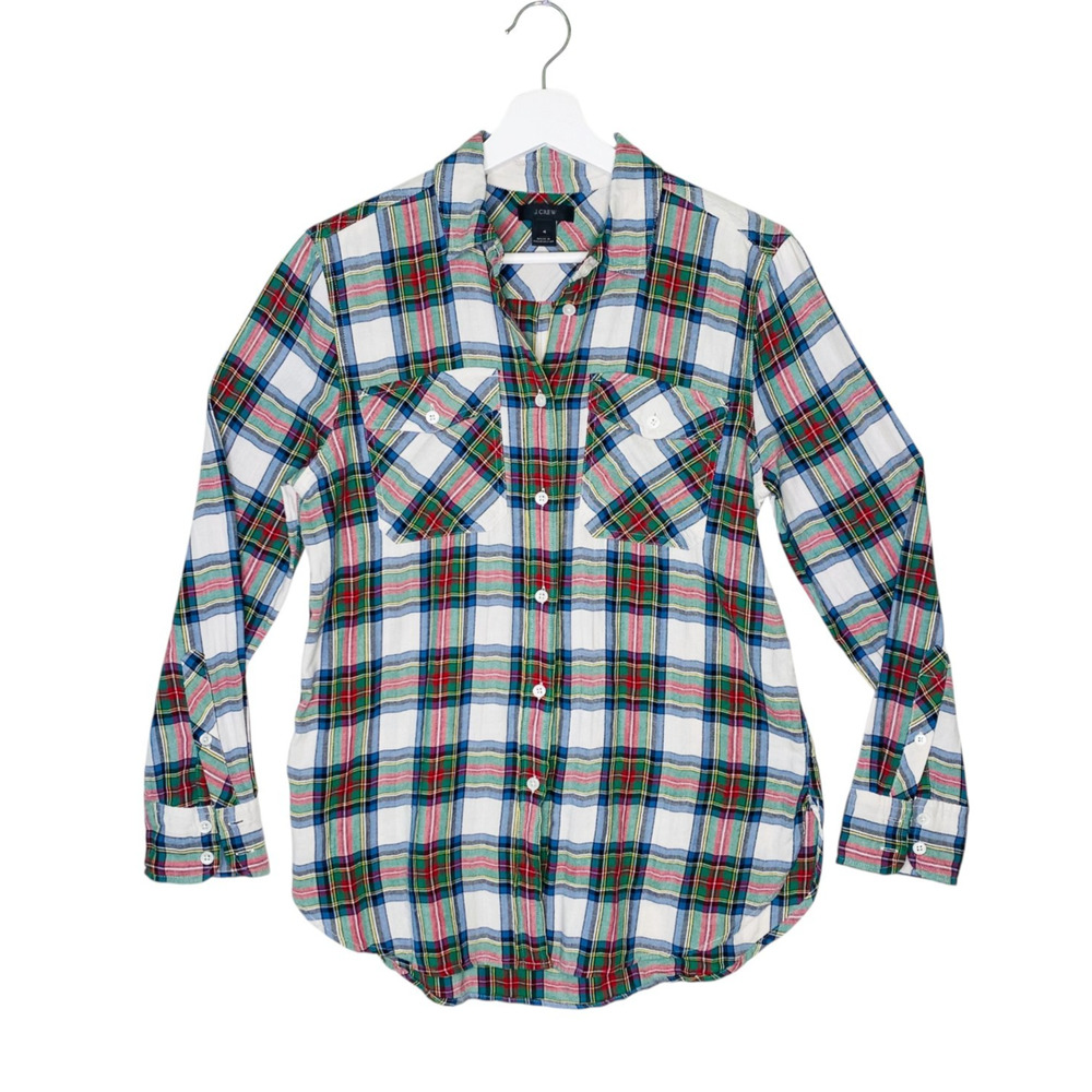 J.Crew Camp Shirt Womens‎ 4 Green Blue Red Plaid Long Sleeve Button Up Pockets